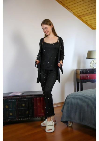 Kadın 3'lü Sabahlık Pijama Takım Siyah fiyatları