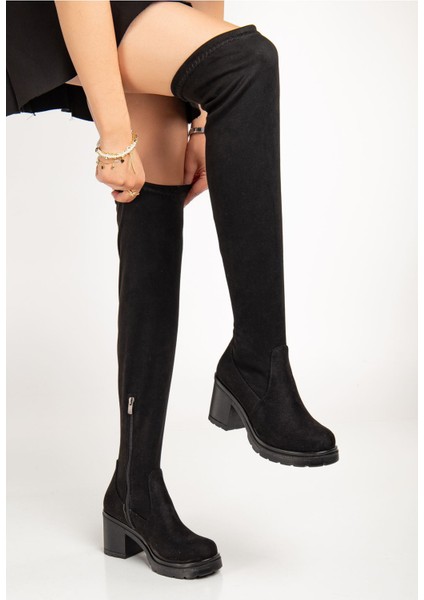 ZRİN-3010 Premium Siyah Süet Streç Günlük Kalın Topuklu Uzun Kadın Çizme