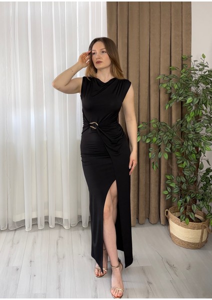 Gold Toka Detaylı Drapeli Yırtmaçlı Maxi Boy Elbise fiyatları