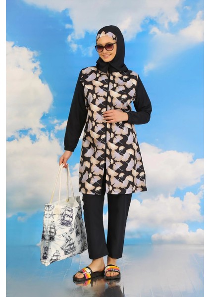 Kadın Pantolonlu Desenli Tam Tesettür Mayo Lacivert