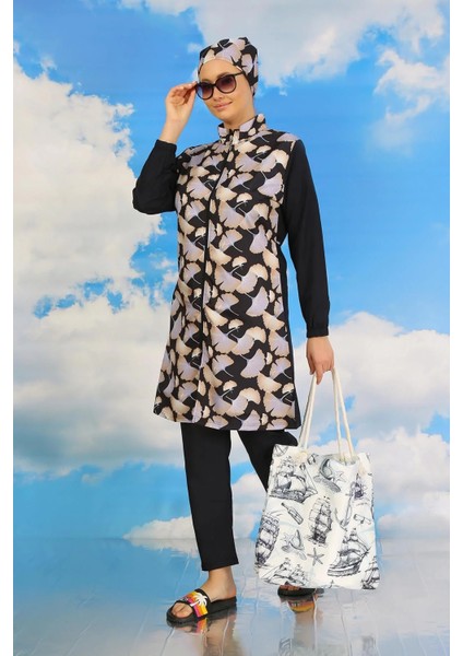 Kadın Pantolonlu Desenli Tam Tesettür Mayo Lacivert fiyatları