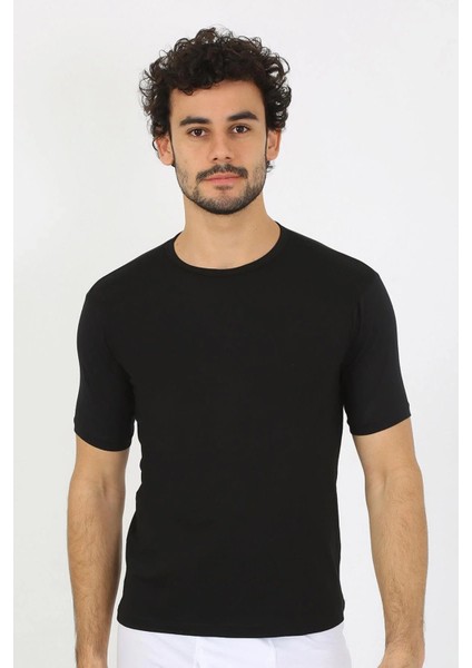 Erkek Sıfır Yaka Likralı Siyah T-Shirt