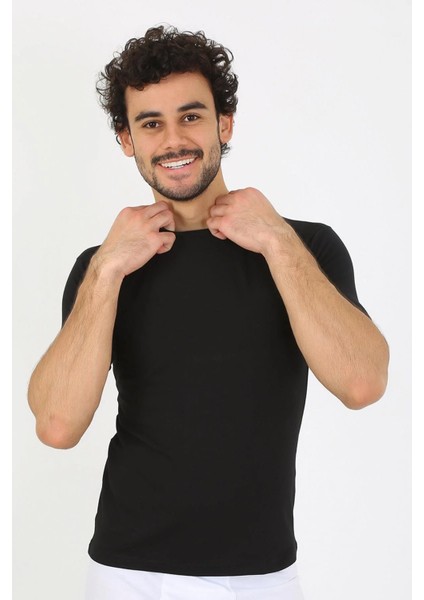 Erkek Sıfır Yaka Likralı Siyah T-Shirt fiyatları
