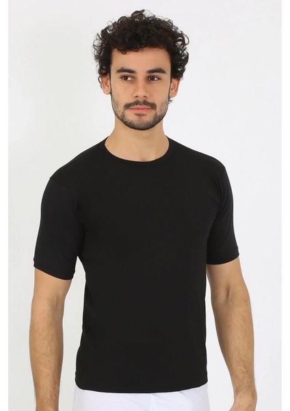Erkek Sıfır Yaka Likralı Siyah T-Shirt indirimleri