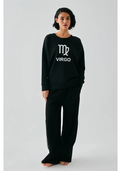 Kadın Siyah Başak Burcu Oversize 2 Iplik Eşofman Ev Giyim Takımı