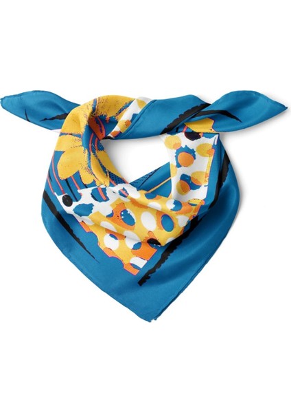 Mavi Zeminli Soyut Çiçek Desenli Fular