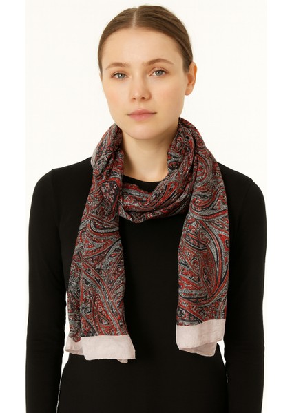 Bej Kenarlı Etnik Desenli Şal