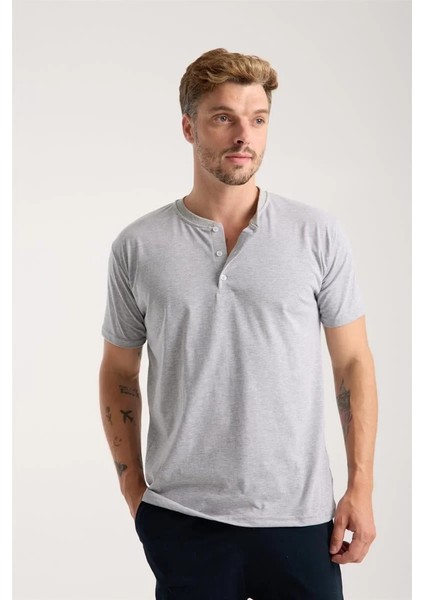 Erkek Gri Düğmeli Yaka Kısa Kol Pijama Takımı modelleri