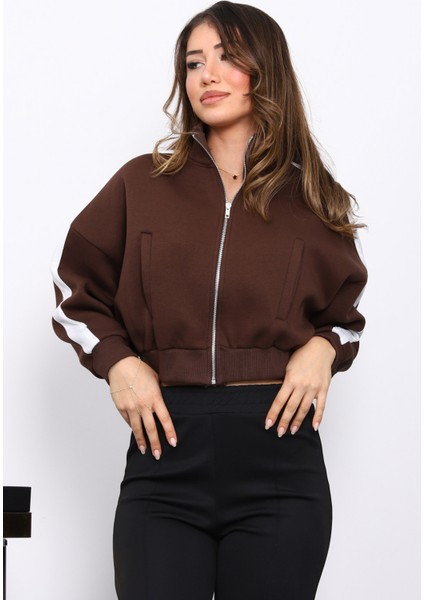 Kahverengi Fermuarlı Üç Iplik Sweat Hırka