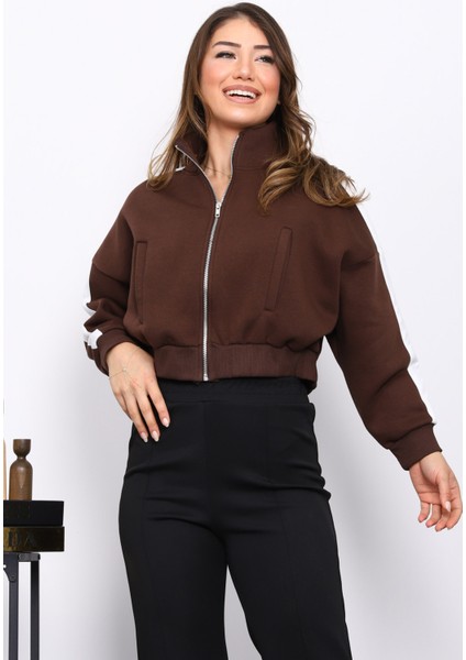Kahverengi Fermuarlı Üç Iplik Sweat Hırka modelleri
