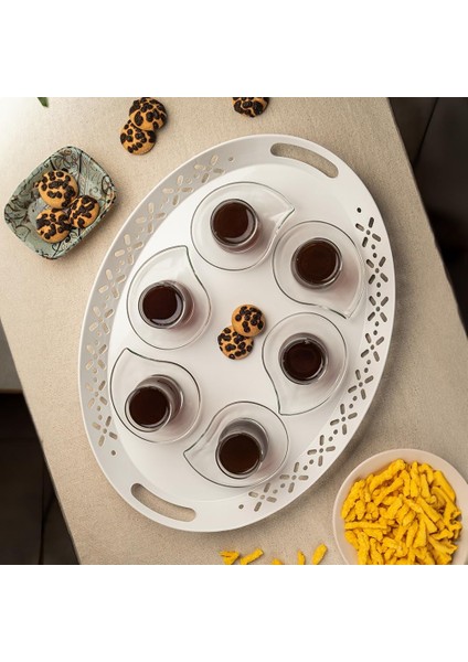 Lin Metal Lalin Tepsi Metal Oval Servis Tepsisi Krem, Romantik Tepsi, Büyük Tepsi, Çay Kahve Tepsisi Beyaz LN1028B modelleri