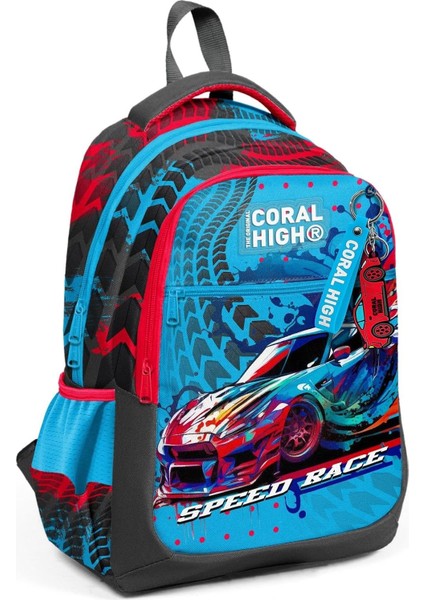 Gri Mavi Yarış Arabası Desenli Erkek Çocuk Ilkokul Çantası ve Günlük Sırt Çantası