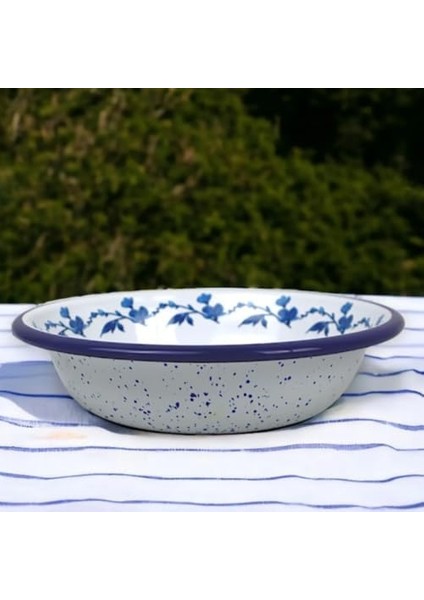 Inci Emaye Kase, Çukur Tabak, Çorba Kasesi, Yemek Tabağı 20 cm (Mavi-Gül Motifli)