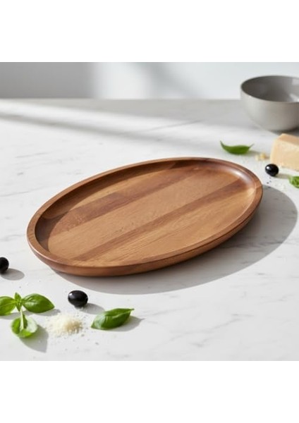 Akasya Ağacı Oval Sunum Tabağı (28X18 Cm) | Yükseltilmiş Kenarlı Doğal Ahşap Servis Tepsisi | Kahve, Peynir ve Atıştırmalık Sunumları Için
