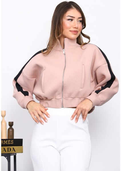 Pudra Fermuarlı Üç Iplik Sweat Hırka