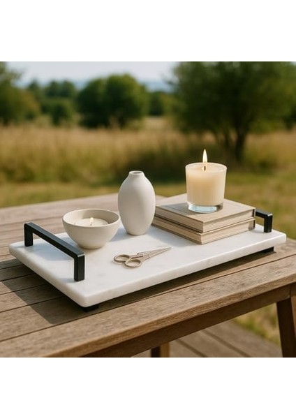 Veya Siyah Metal Saplı Mermer Sunum Tepsisi – 40X15 cm Dikdörtgen Servis Tepsisi, Şık Sofra, Kahve, Peynir ve Tatlı Sunumları Için (Siyah)