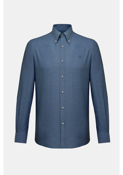 Erkek Lacivert Cooper Fit Düğmeli Yaka Flannel Spor Gömlek