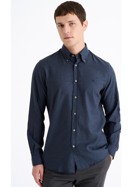 Erkek Lacivert Cooper Fit Düğmeli Yaka Flannel Spor Gömlek modelleri