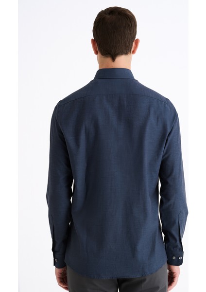 Erkek Lacivert Cooper Fit Düğmeli Yaka Flannel Spor Gömlek fırsatları