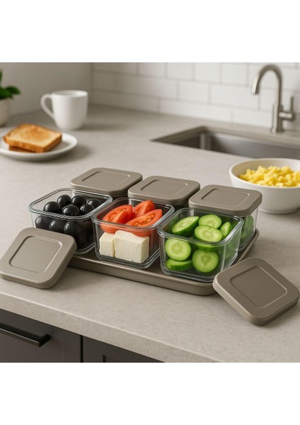 Kapaklı Kahvaltılık Saklama Kabı Seti, 6 Bölmeli, Tepsili, 13 Parça (Krem)