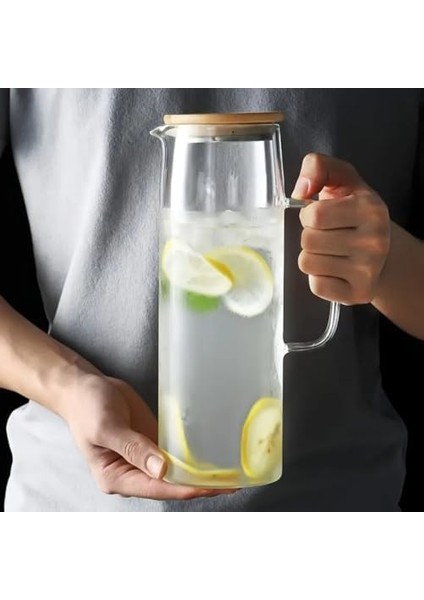 Bambu Kapaklı Cam Sürahi – 1500 ml Dayanıklı Şeffaf Cam, Şık ve Ergonomik Tasarım, Soğuk ve Içecekler Için