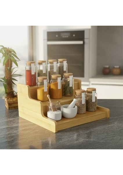 3 Katlı Doğal Bambu Baharatlık Rafı | Çok Amaçlı Mutfak ve Banyo Düzenleyici | Merdiven Tipi Tezgah Üstü Organizer | 24X22X11 cm