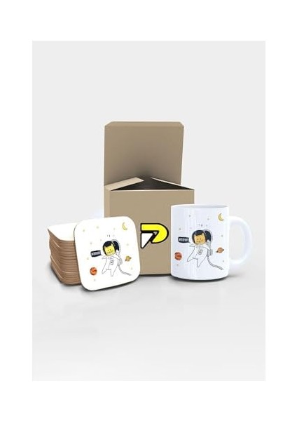 Astronot Kedi Uzay Tasarımlı Baskılı Kupa Bardak Seti, Eğlenceli Özel Hediye Mug