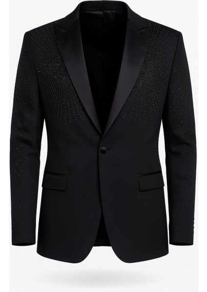 Erkek Siyah Taş Detaylı Saten Yaka Blazer Ceket – Özel Tasarım Şık Damatlık & Gece Kombini