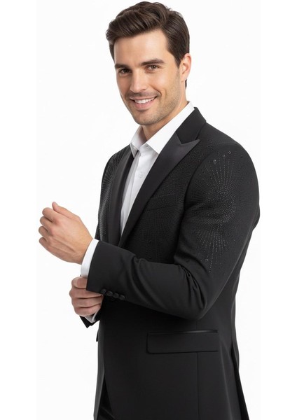 Erkek Siyah Taş Detaylı Saten Yaka Blazer Ceket – Özel Tasarım Şık Damatlık & Gece Kombini fırsatları