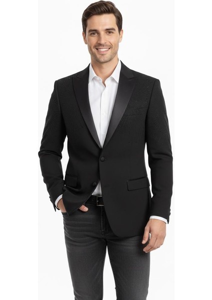Erkek Siyah Taş Detaylı Saten Yaka Blazer Ceket – Özel Tasarım Şık Damatlık & Gece Kombini