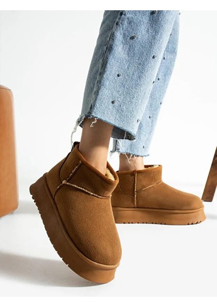 Süet Kadın Kışlık Ev ve Dışarı Botu Terliği Ug Model Yüksek Kalın Tabanlı Kışlık Içi Yünlü Tüylü