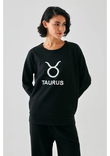 Kadın Siyah Boğa Burcu Oversize 2 Iplik Eşofman Ev Giyim Takımı