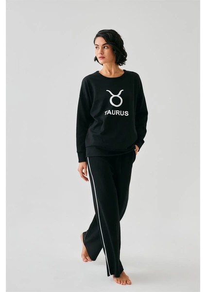 Kadın Siyah Boğa Burcu Oversize 2 Iplik Eşofman Ev Giyim Takımı fiyatları