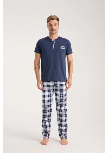 Erkek Lacivert Düğmeli Yaka Kısa Kol Pijama Takımı