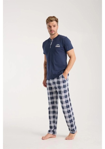 Erkek Lacivert Düğmeli Yaka Kısa Kol Pijama Takımı fiyatları