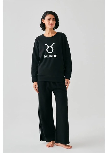 Kadın Siyah Boğa Burcu Oversize 2 Iplik Eşofman Ev Giyim Takımı modelleri
