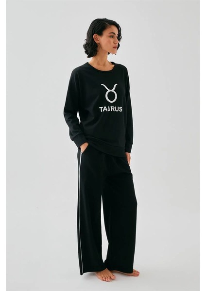 Kadın Siyah Boğa Burcu Oversize 2 Iplik Eşofman Ev Giyim Takımı indirimleri