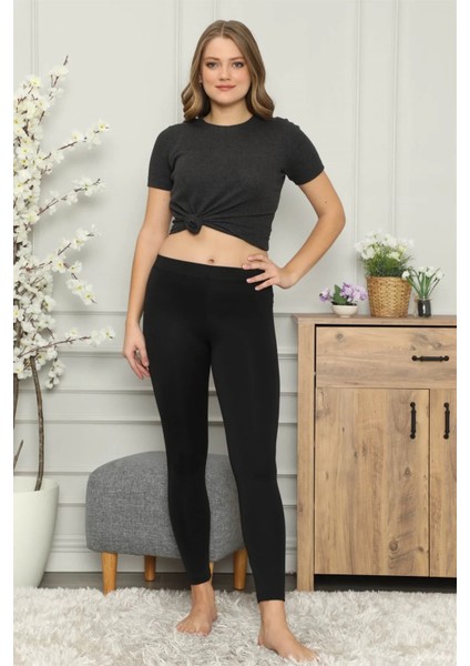 Mikro Jardonlu Kalın Siyah Tayt Siyah