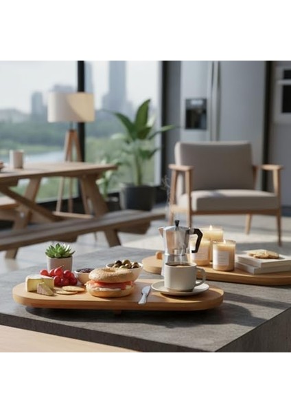 Ayaklı Bambu Sunum Tabakları, Ayaklı Bambu Sunumluk, Kek, Börek, Çörek ve Çikolata Sunum Tepsisi Yuvarlak Kenarlı Oval Sunumluk (34XM*15CM*1,5CM)