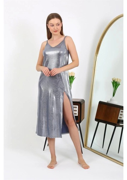 Kadın Ip Askılı Uzun Parlak Micro Elbise Gecelik Gri fiyatları