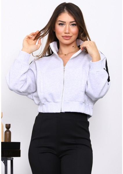 Gri Fermuarlı Üç Iplik Sweat Hırka