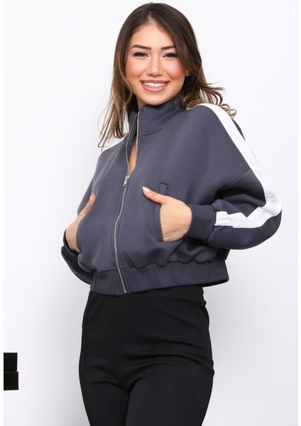 Antrasit Fermuarlı Üç Iplik Sweat Hırka