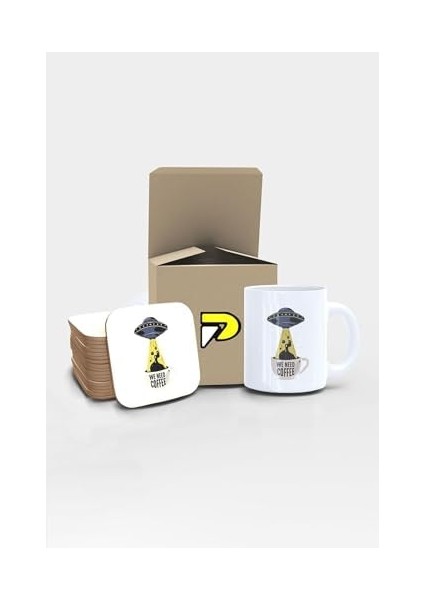 Uzay Gemisi We Coffee Uzaylı Tasarımlı Baskılı Kupa Bardak Seti, Eğlenceli Özel Hediye Mug