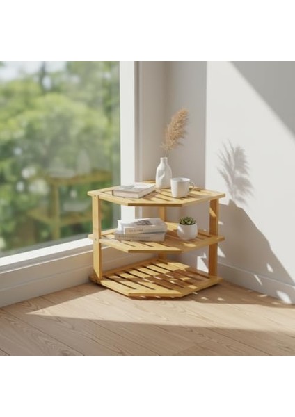 3 Katlı Doğal Bambu Köşe Rafı - Tezgah Üstü Mutfak ve Banyo Düzenleyici | Baharatlık, Kavanoz ve Dekoratif Rafı (24.5X24.5X23 Cm)