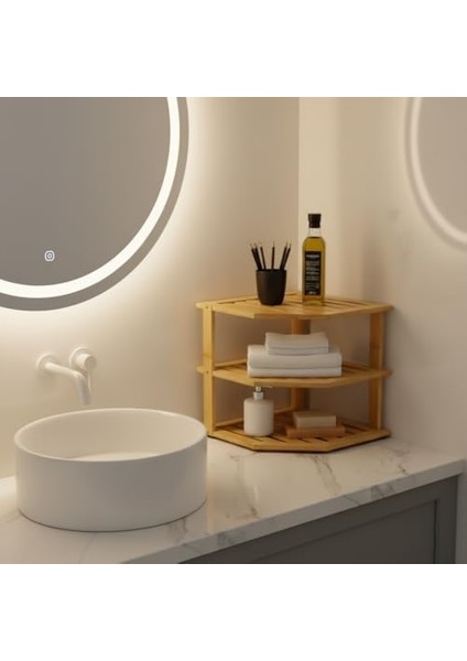 3 Katlı Doğal Bambu Köşe Rafı - Tezgah Üstü Mutfak ve Banyo Düzenleyici | Baharatlık, Kavanoz ve Dekoratif Rafı (24.5X24.5X23 Cm) modelleri