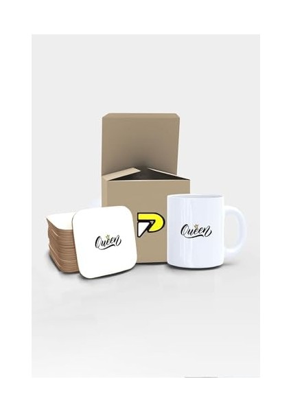 Kraliçe Yazılı Tipografik Tasarımlı Baskılı Kupa Bardak Seti, Eğlenceli Özel Hediye Mug