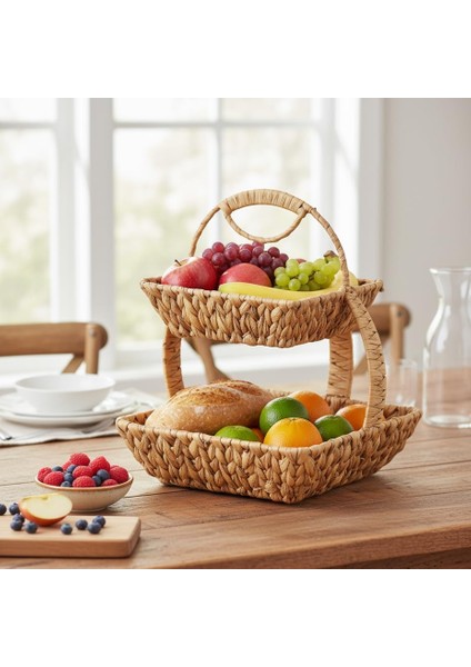 Hasır 2 Katlı Sunum Sepeti – Yuvarlak ve Kare Seçenekli El Örgüsü Doğal Meyvelik, Ekmeklik ve Servis Tabağı | Rustik Mutfak ve Masaüstü Düzenleyici | Dekoratif Çok Amaçlı Sepet (Kare)