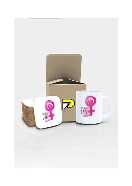 Woman Can Kadın Gücü Tasarımlı Baskılı Kupa Bardak Seti, Eğlenceli Özel Hediye Mug