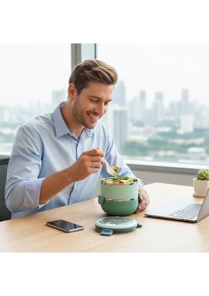 Paslanmaz Çelik 2 Katlı Yemek Termosu, 1.4 Lt Çelik ve Plastik Dış Yüzey, Beslenme Kabı, Öğle Yemeği Kutusu, Çatal Kaşık Bölmeli, Isı Koruyucu, Sızdırmaz, Okul, Ofis, Piknik Için Ideal (Mavi)