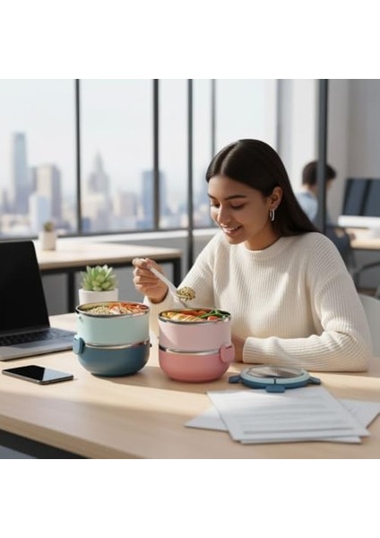 Paslanmaz Çelik 2 Katlı Yemek Termosu, 1.4 Lt Çelik ve Plastik Dış Yüzey, Beslenme Kabı, Öğle Yemeği Kutusu, Çatal Kaşık Bölmeli, Isı Koruyucu, Sızdırmaz, Okul, Ofis, Piknik Için Ideal (Mavi) modelleri